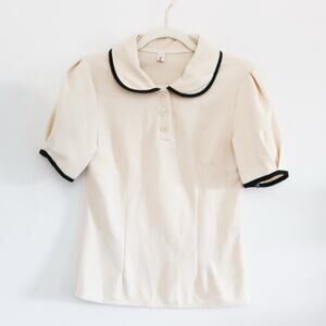 Vintage Collared Cream Blouse Waffle Texture Peter Pan Collar XS